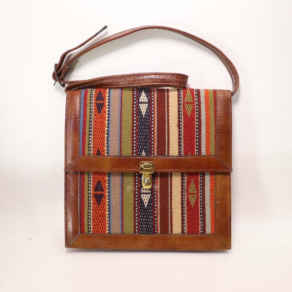 Vintage Tapestry Shoulder Handbag Multicolor Striped Leather Trim Purse Bag